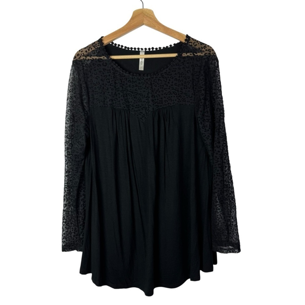 Boutique Emerald Black Leopard Sheer‎ Sleeve Long Sleeve Top L